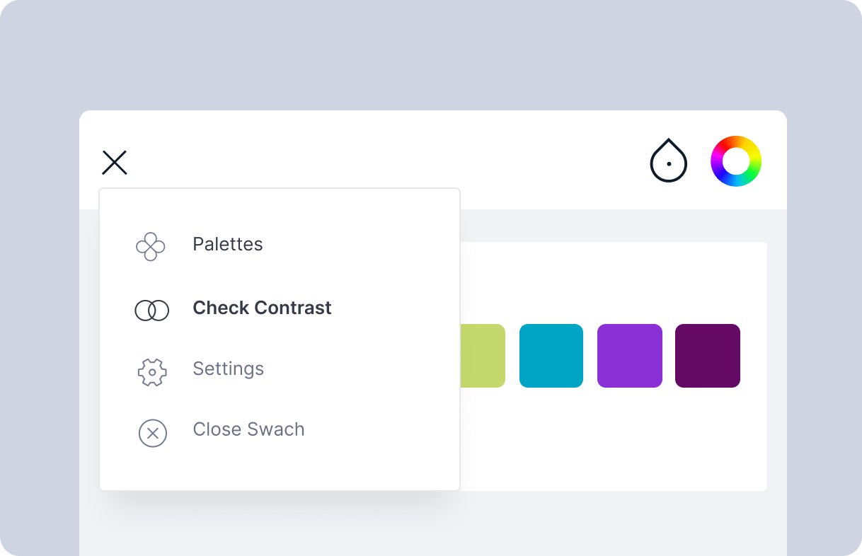 A Demo of the Swach menu showing the option to open the contrast checker.